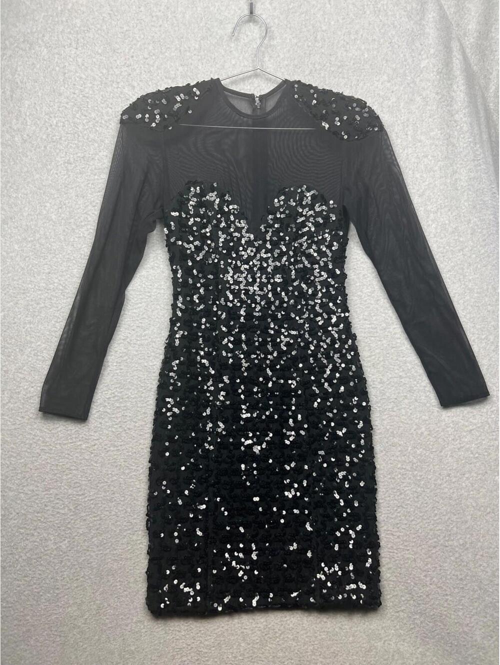 Betsy & Adam Vintage LBD Dress Womens S 7/8 Black Sequin Mesh Cocktail Party